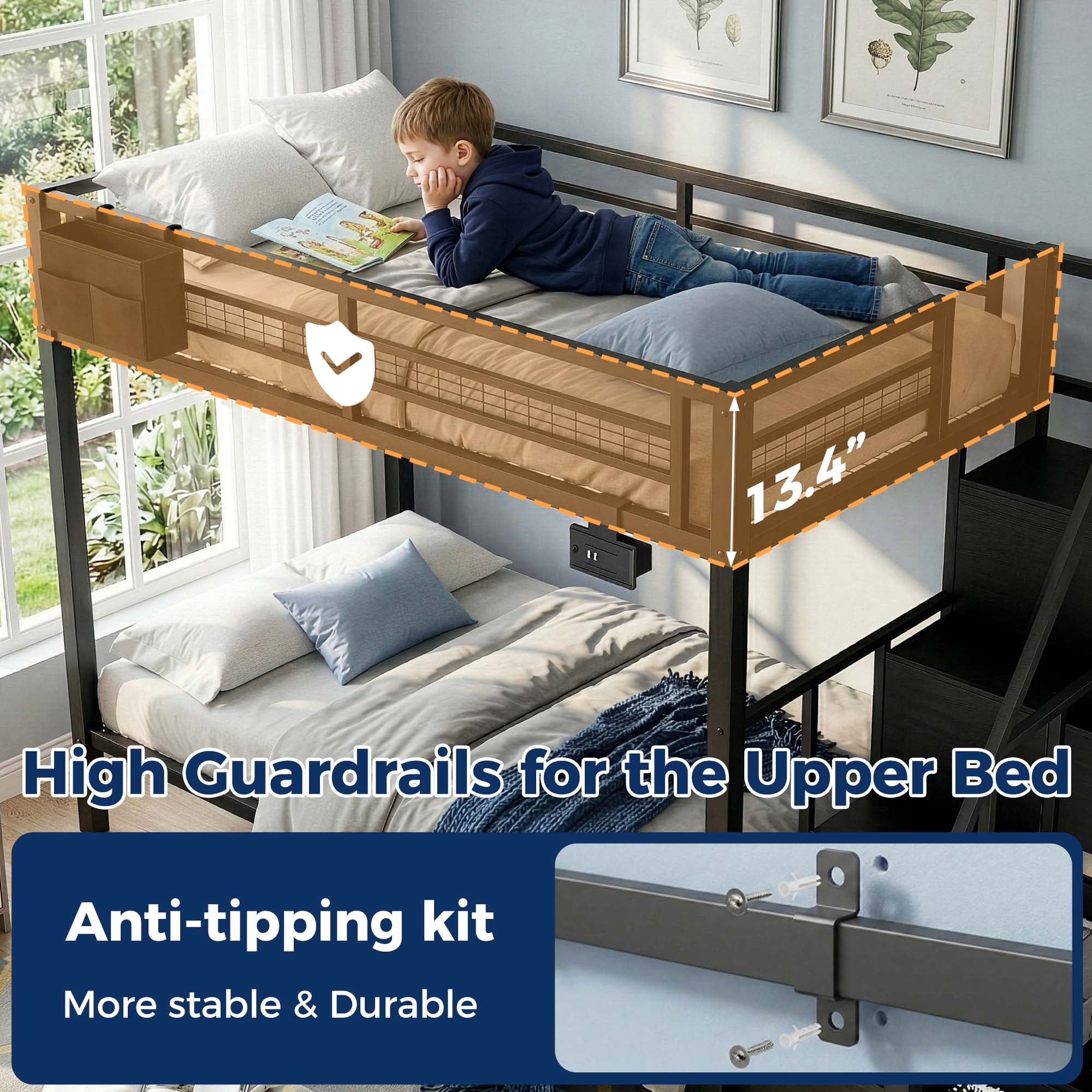 Miniyam Twin over Twin Bunk Bed with Storage Stairs and 6 Drawers, Black