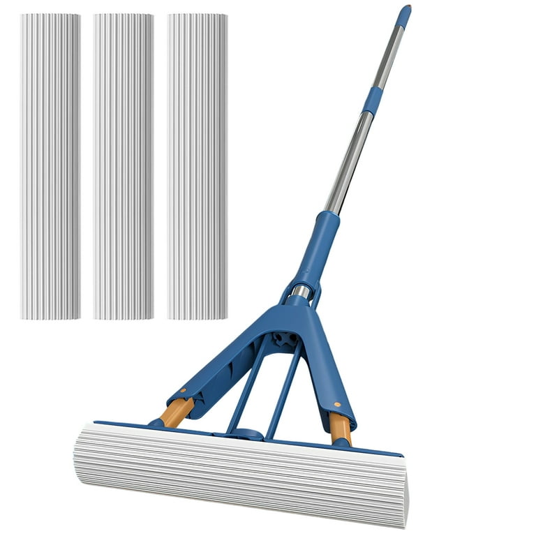 Adjustable Sponge Mop with Floor Brush and Squeegee for Home use,Strong  Water Absorption,Equipped with a Spare Sponge 