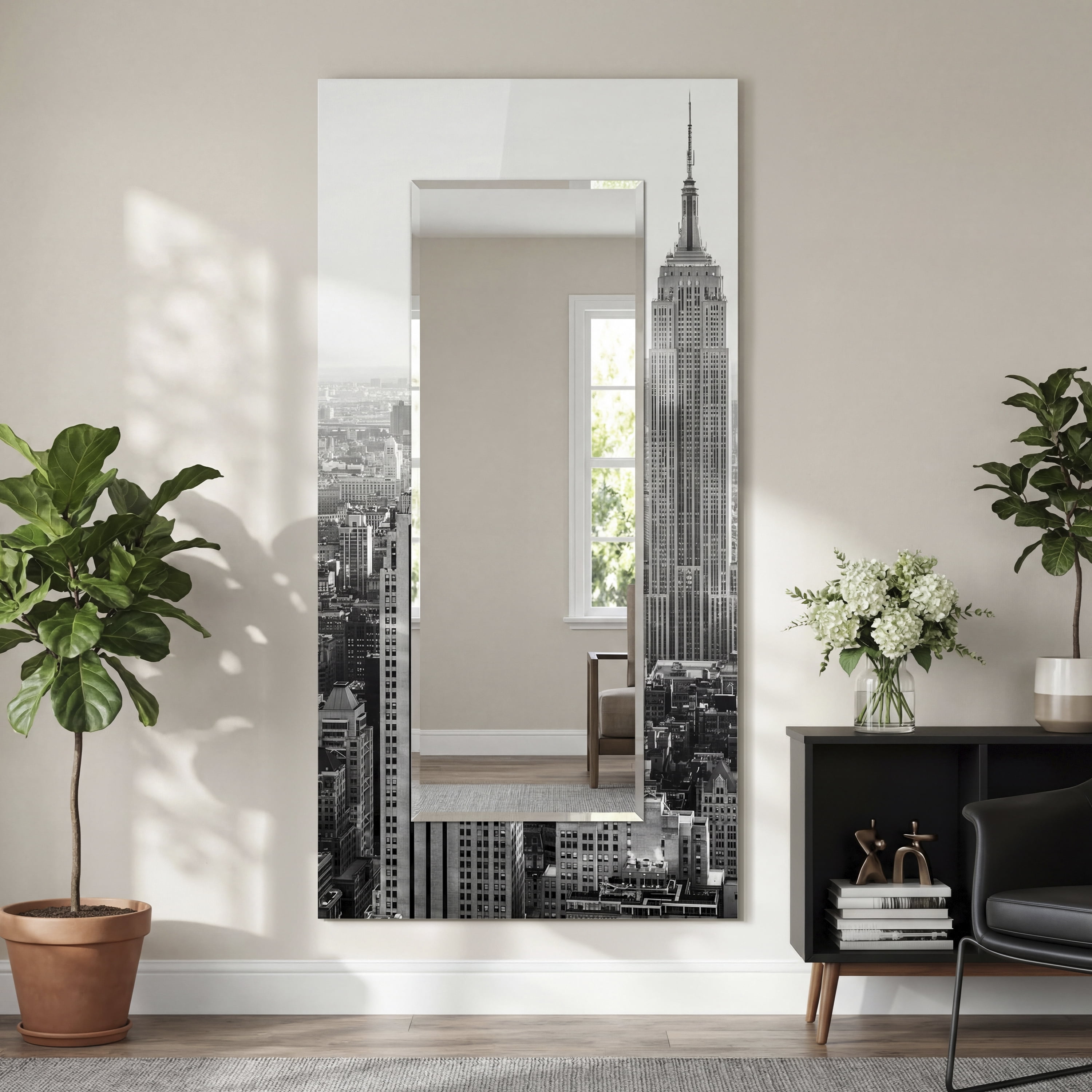 Empire Art Direct My N.Y. Rectangular Beveled Mirror on Free Floating Reverse Printed Tempered Art Glass, 72" x 36" x 0.4", Ready to Hang
