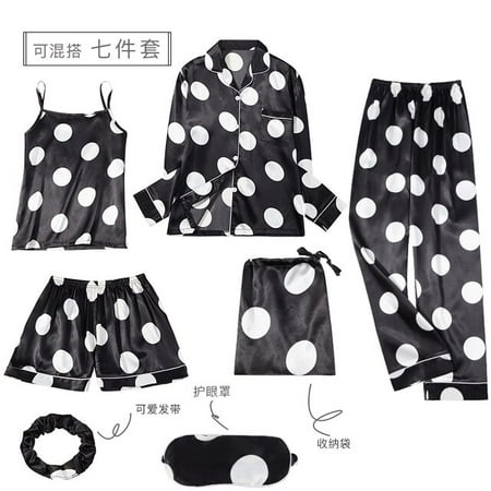 

DanceeMangoo Spring Summer Autumn 7 Pcs Silk Pajamas Women Home Clothes stripe Shorts Long Sleeve Top Elastic Waist Pants Lounge Sleepwear