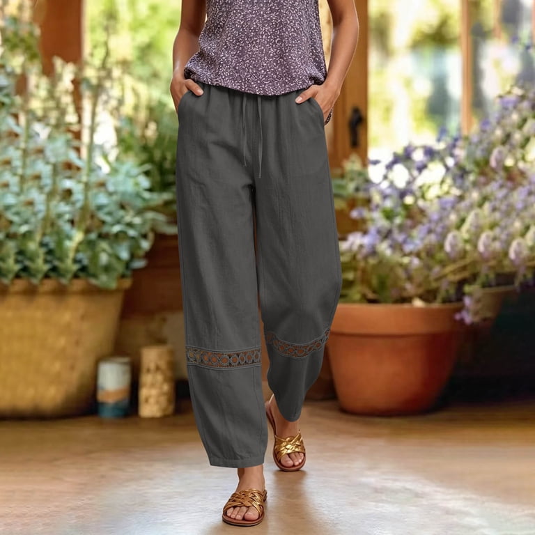 Pounoo Linen Pants Women Elastic Waist Solid Color Floral