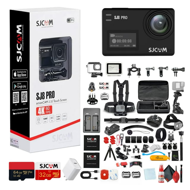 SJCAM SJ8 Pro 4K UHD Action Camera | Touchscreen Gyro Stabilization Cam with Dual Screens Waterproof Case External Mic Support | Ultra HD Vlogging Camera (SJ8PRO) + 50-in-1 Accessory Kit + More