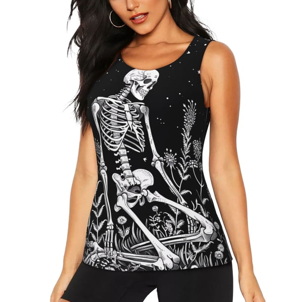 Balery Vintage Black white Plant skull Camiseta sin mangas estampada ligera para mujer, tops de entrenamiento sin mangas, camisetas de yoga transpirables de secado rápido.-Small
