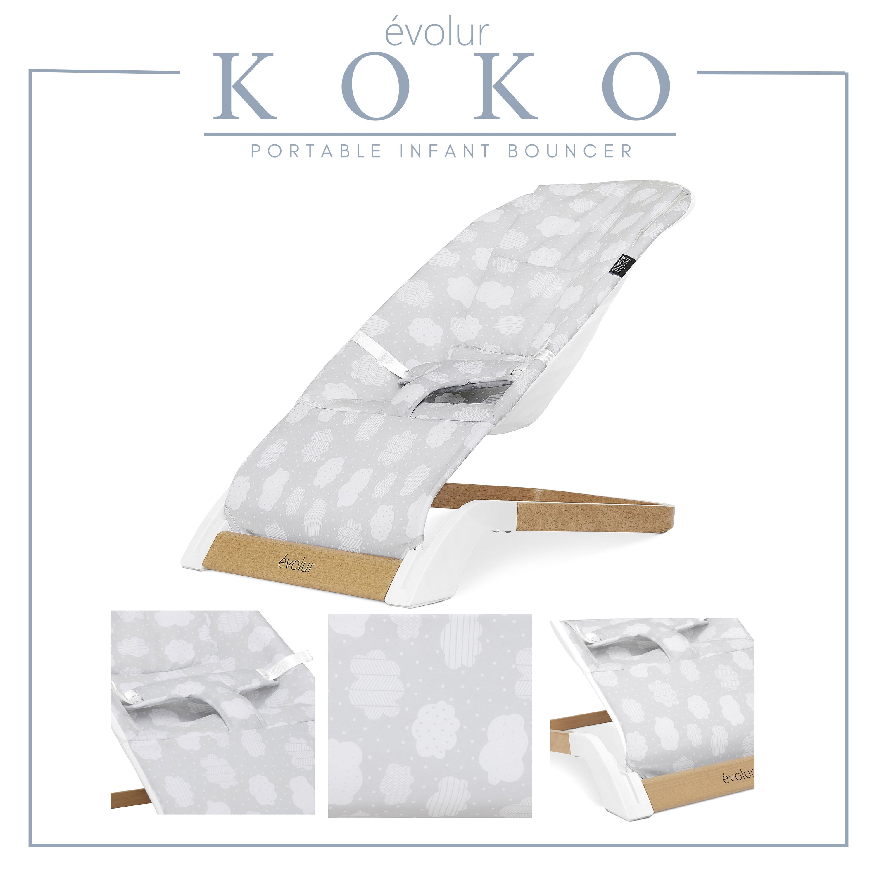 Evolur Koko Portable Infant Bouncer in Light Gray Breathable Fabric