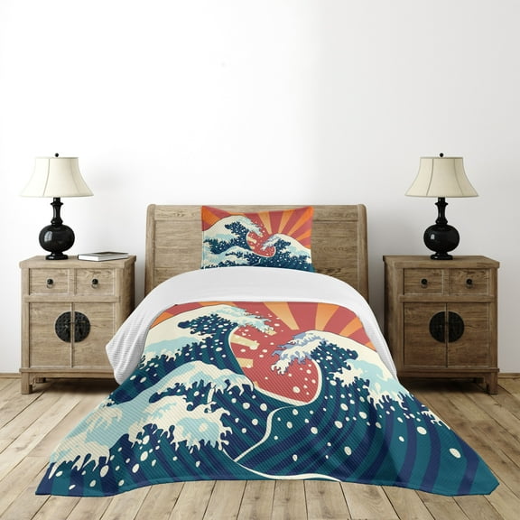 Ambesonne Japanese Wave Quilted Bedspread Set 2 Pcs, Sunset Surf Water, Twin Size, Multicolor