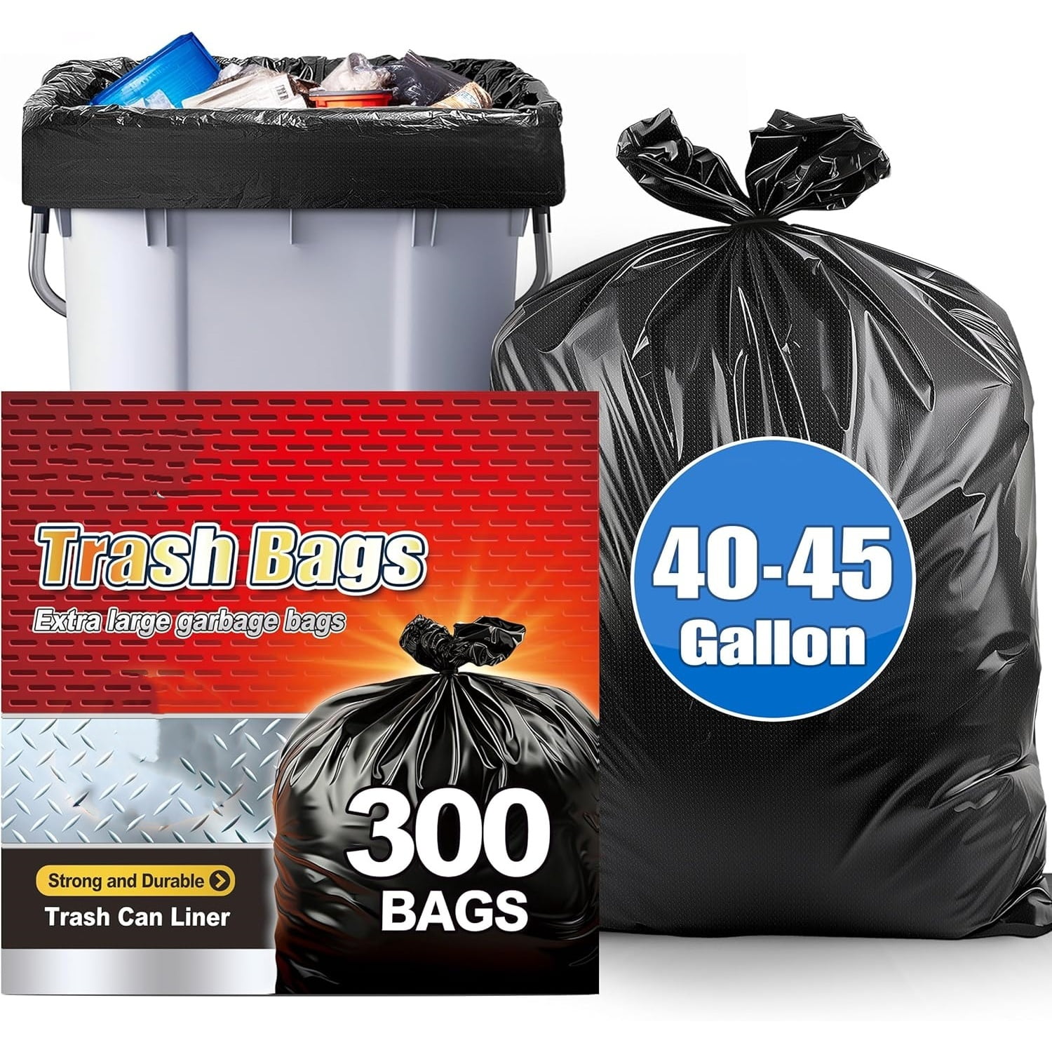 40-45 Gallon 300 Counts Large Trash Bags Black Garbage Bags, Large Trash Can Liners for Home,Kitchen,Office,All Purpose Light Residential or Commercial Waste,Outdoor Lawn and Leaf Bags