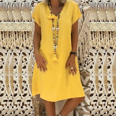 

Women s Cotton Linen Midi Dress Short Sleeves V-Neck Casual Loose Dress Plus Size Ladies Knee-Length Straigh Dres