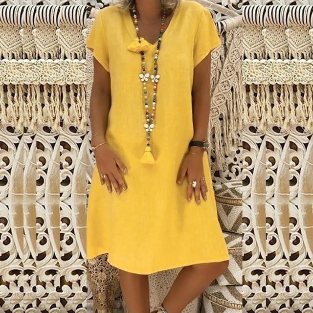 fartey Robe Ample pour Femmes Été Coton Lin Manches Courtes Col en V Robes T-shirt Unies Mode Décontractée Robe Midi