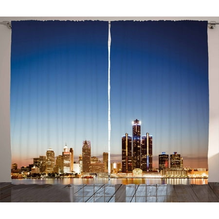 Detroit Decor Curtains 2 Panels Set Michigan Skyline At Twilight