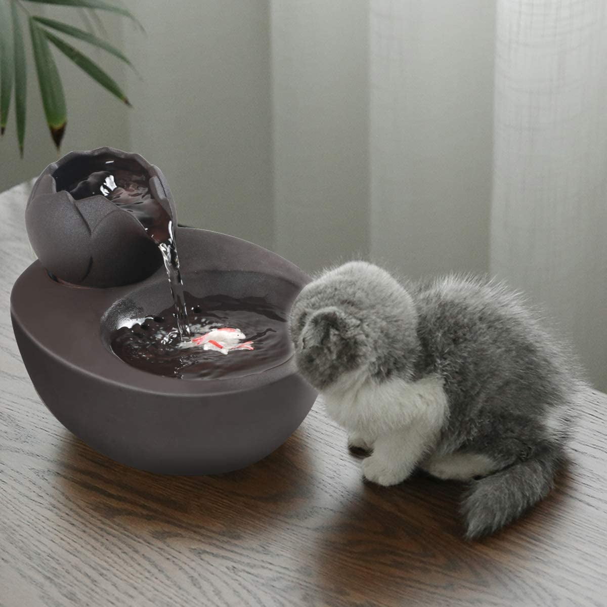 Walbest Lotus Cat Water Fountain, Automatic Ceramic Drinking Fountain for Pets, 8.1" x 6.6" x 5.4" Water Capacity (Black)