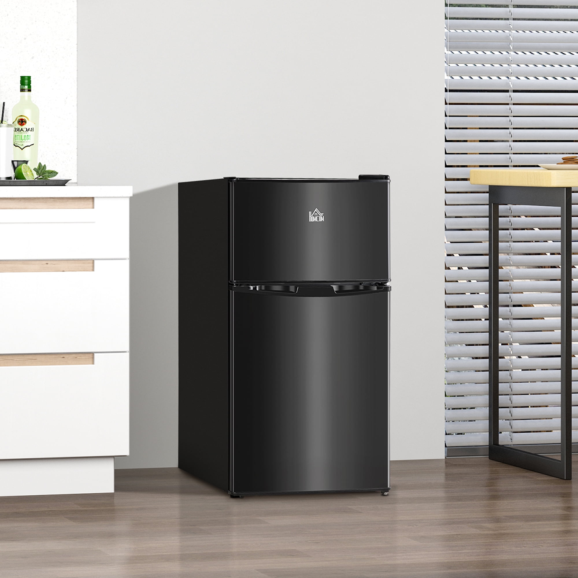 Kitchen Refrigerators HOMCOM 3.2 Cu.Ft Mini Fridge with Freezer, Double Door Compact Refrigerator with Adjustable Thermostat, Shelf and Reversible Door for Bedroom, Dorm, Home Office, Energy Efficie