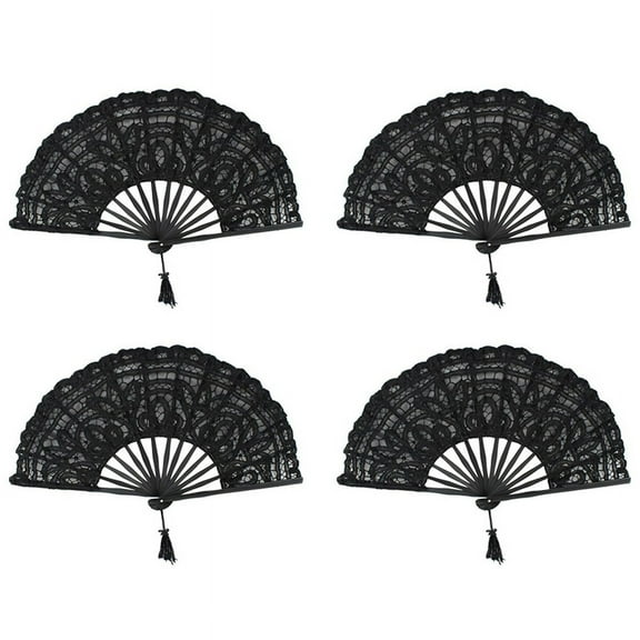 4X Handmade Cotton Lace Folding Hand Fan for Party Bridal Wedding Decoration (Black),4 x Hand Fan,Black