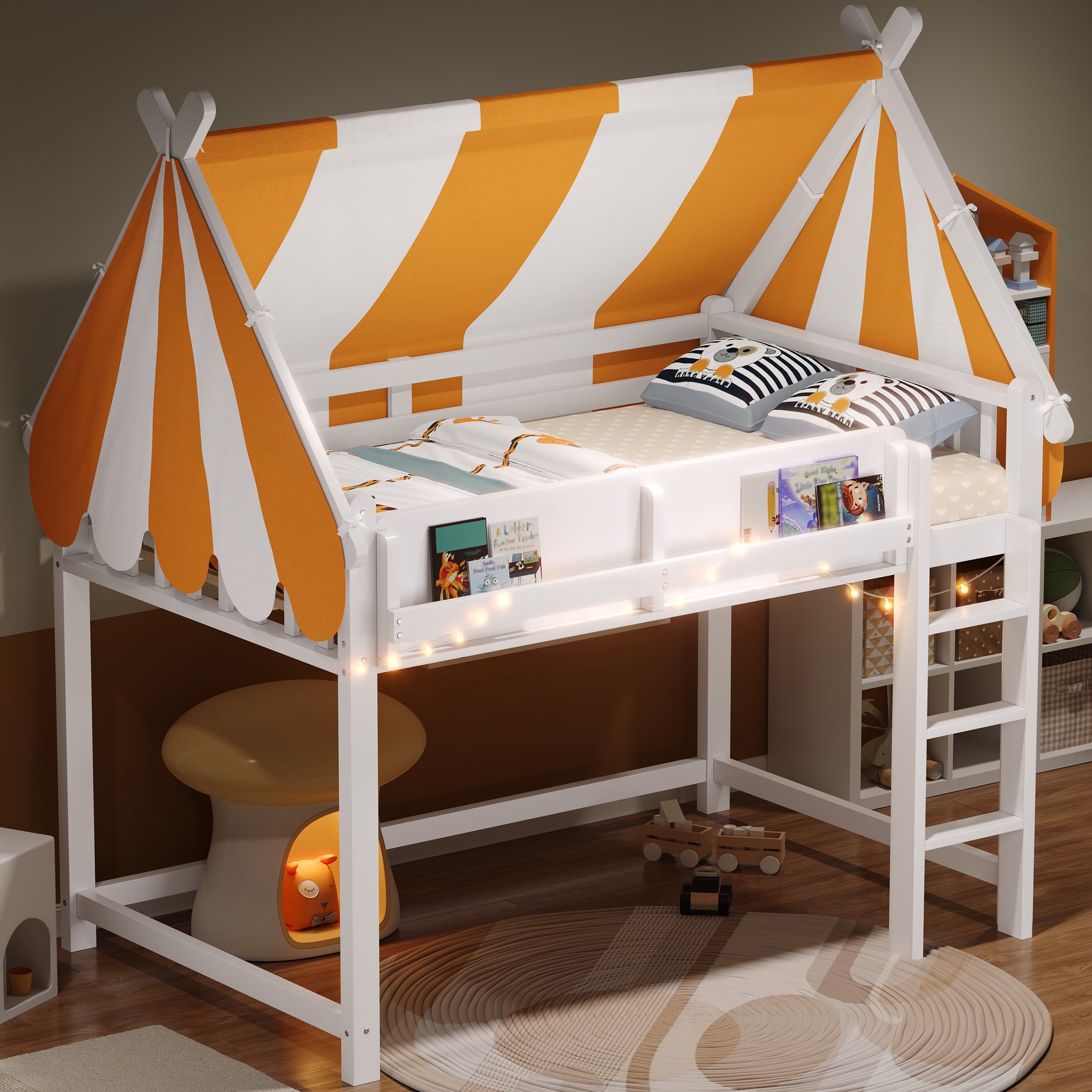 Euroco Wood Full Size Loft Bed with Shelves, House Canopy Bed with LED Light, White