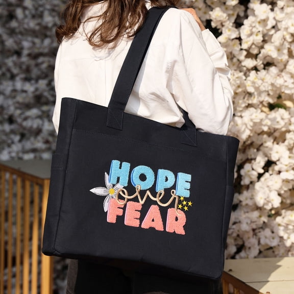 TSANTA Hope Cotton Canvas Tote Bag for Women, Large Embroidered Shoulder Bag with Zipper, Travel Work Everyday Carry Tote (Navy Blue)