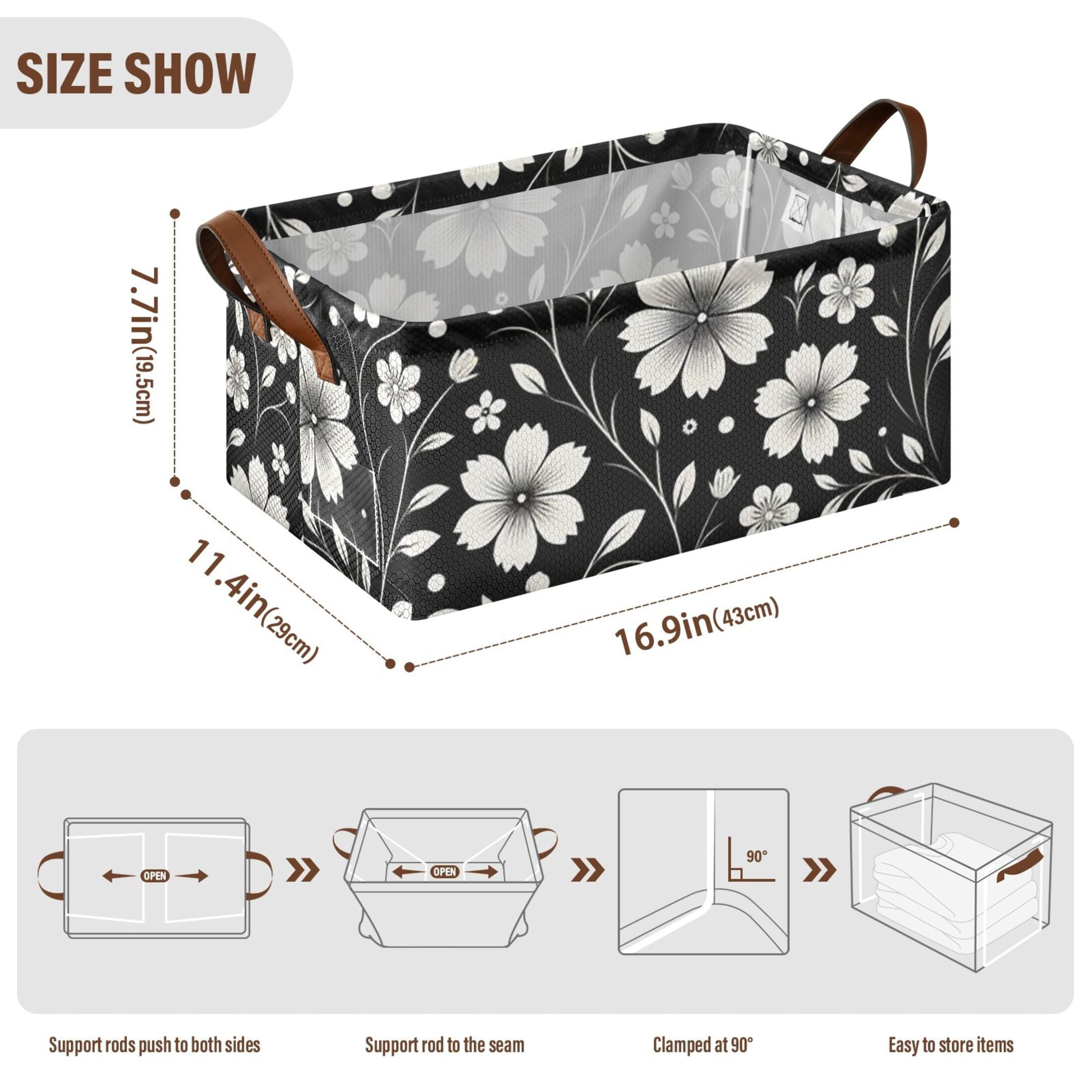 Retro White and Black Flowers Storage Bins with Handles Foldable Storage Baskets for Shelves Organizer Cloth Baskets