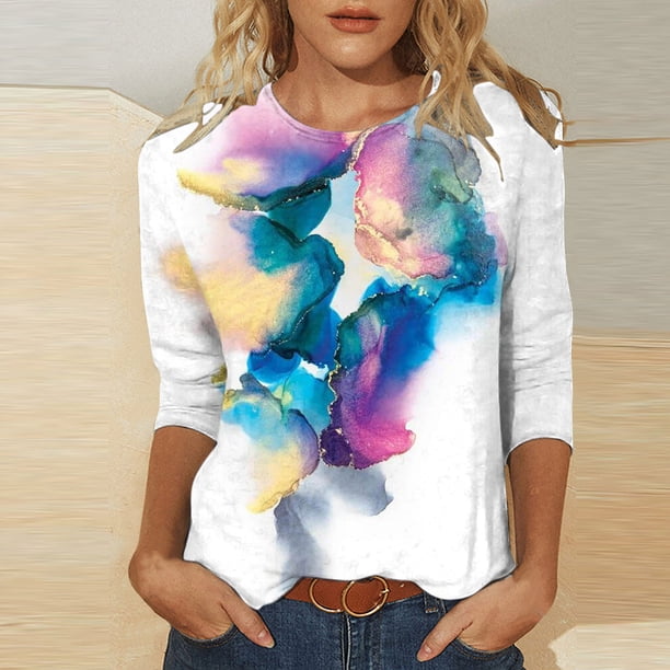 ICHUANYI Clearance Women's Fashion Printed Loose T-shirt 3/4 Sleeves Blouse Round Neck Casual Tops(Multicolor, L) ICHUANYI WER2023081205523