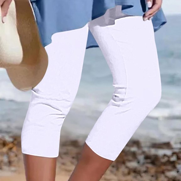 TaTaai Womens Solid Color Athletic Cropped Pants Elastic Waist Loose Soft Beach Capris For Summer Casual Wear