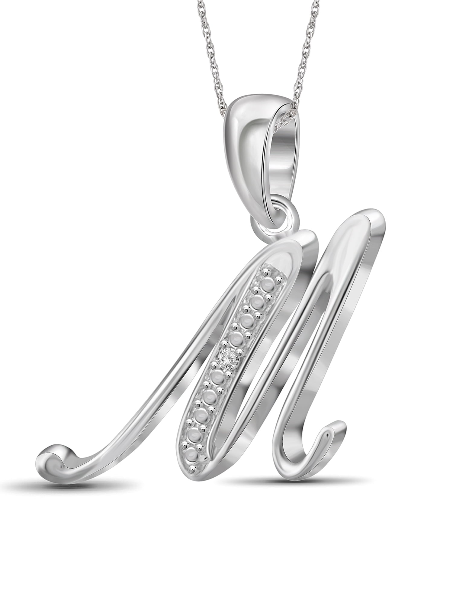 JewelersClub Accent White Diamond Initial Letter Pendant Necklace for Women | Customizable Sterling Silver M Alphabet Monogram Necklaces for Girls |Cursive Letters | Personalized Jewelry Gift for Her