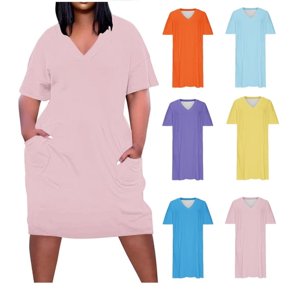 Admvng Women's Plus Size Casual V-Neck Dress Short Sleeve T-Shirt with Pockets Summer Everyday Dresses
