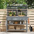 thumbnail image 4 of Noble House 64.9" Outdoor Potting Bench & Kitchen Island, Solid Wood with Upper Hutch, Stainless Top & Towel Rack,Grey Blue, 4 of 7