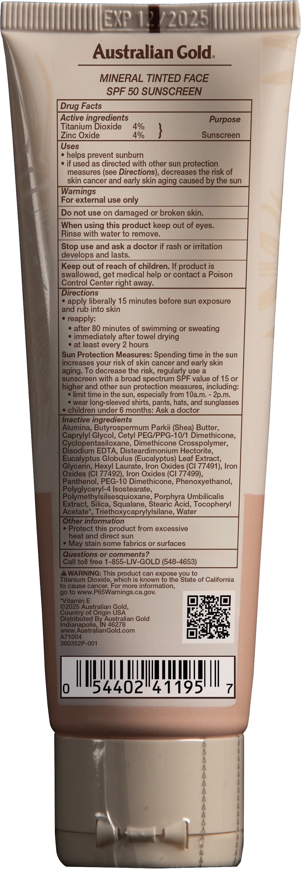 Australian Gold Mineral Tinted Face Lotion Fair to Light - Non-Greasy, Hypoallergenic, Fragrance-Free, SPF 50, 2.5 fl. oz