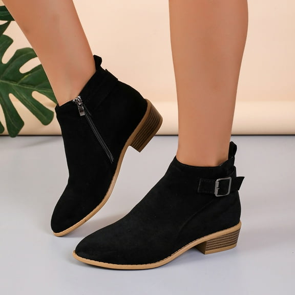 Bnwani Boots for Women Pile Pointed Zipper Flat Chunky Ankle Comfortable Suede Boot Black Size 5.5