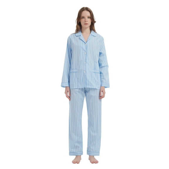 Apparonia Women's Pajamas Set, Comfywear Sleepwear for Women Set, Cotton Loungewear, Long Sleeve Top & Pants Set Light Blue Stripes 3XL