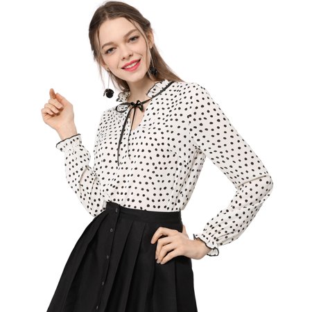 Unique Bargains Women's Tie Ruffled Neckline Polka Dots Vintage Blouse Bell Long Sleeves Tops