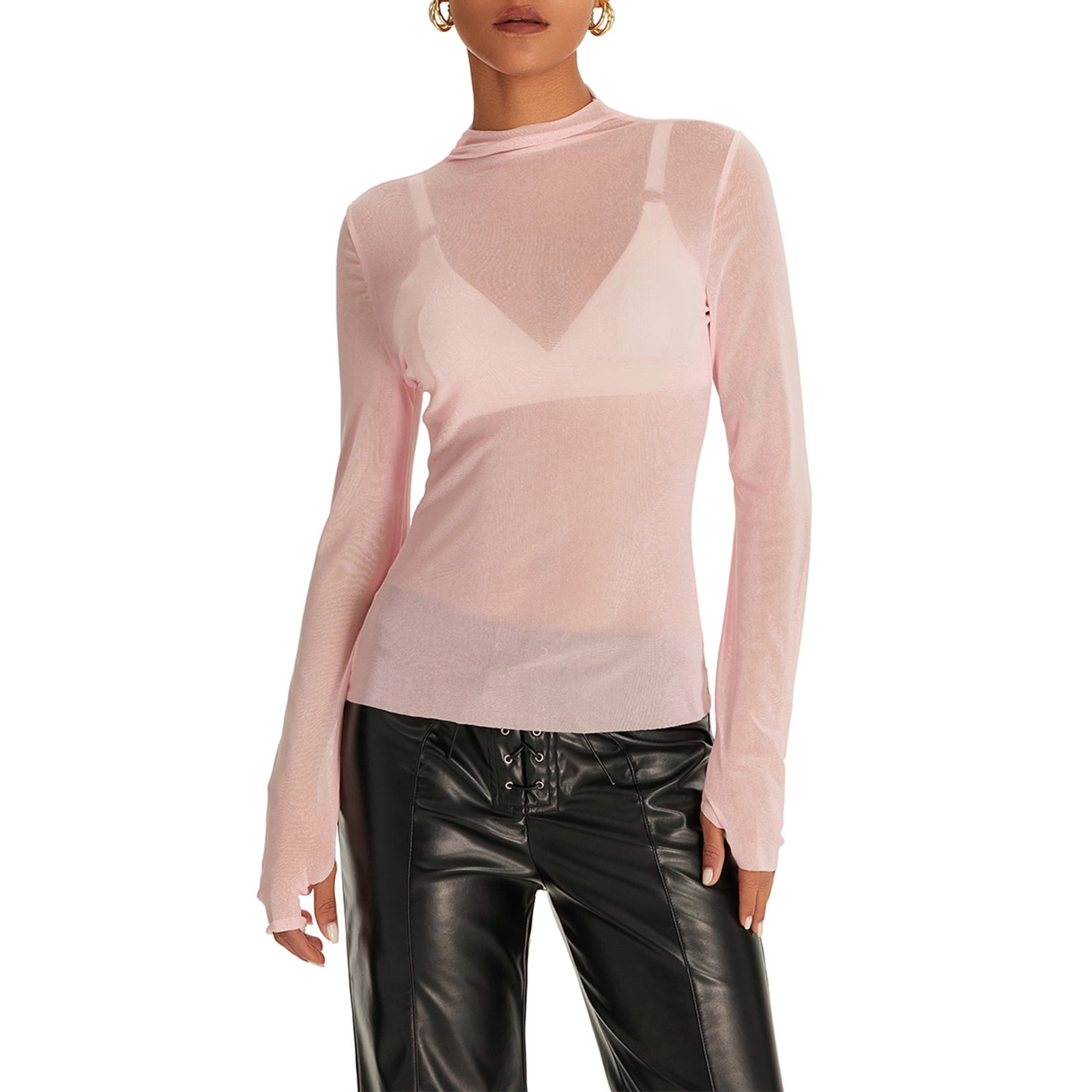 トップス Hella sheer volume tops Gupgi Women Sheer Mesh Tops See Through Couer Up Long Sleeve Mock