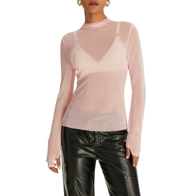 Gupgi Women Sheer Mesh Tops See Through Couer Up Long Sleeve Mock Solid Color Slim Fit T-Shirts