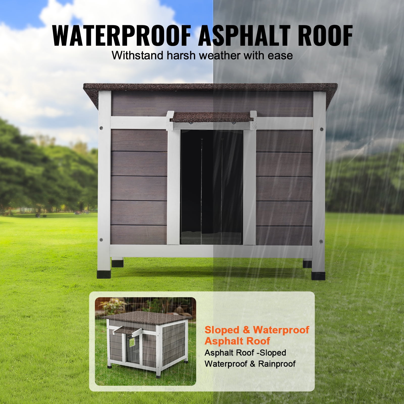 VEVOR Outdoor Cat House Weatherproof, Feral Cat Shelter for Multiple Cats, Outdoor Wooden Cat Rabbit House with a Window, Open Roof and PVC Door Flaps, 24"L x 21"W x 18"H