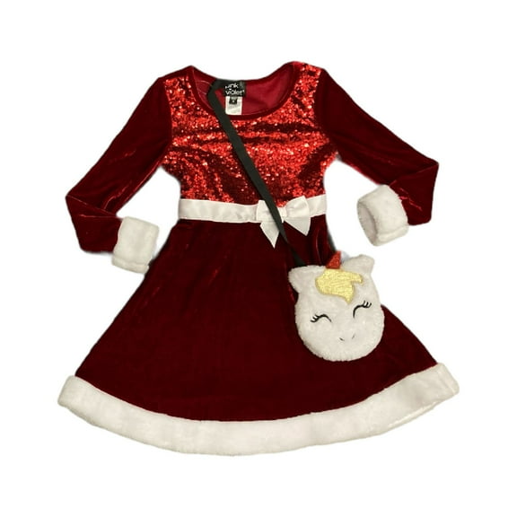 Pink & Violet Girls' Sequin Bodice Velvet Santa Holiday Dress w/ Purse (Unicorn, 7)