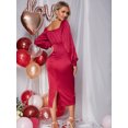 thumbnail image 2 of EILLY BAZAR Satin Dress for Women Lantern Sleeve Button Front Split Back Female Dress Red M, 2 of 4
