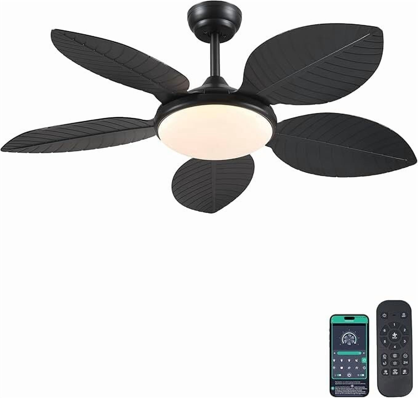 BayDay 48 Inch Tropical Ceiling Fan with Lights & Remote Control, APP Operable, 6 Speeds, Dimmable LED, Reversible Palm Leaf Fan for Bedroom, Living Room, Patio, Porch, Modern Black