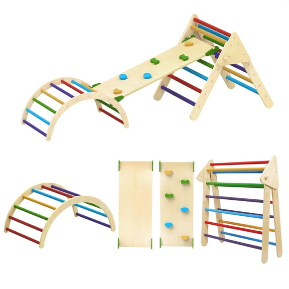 Foldable Pikler Triangle Climbing Set with Arch, Ramp for Montessori Play Gym, 5 In1 Indoor Playground for Toddlers, Kids, Arch Climber, Climbing Toys Rainbow Toy Structure