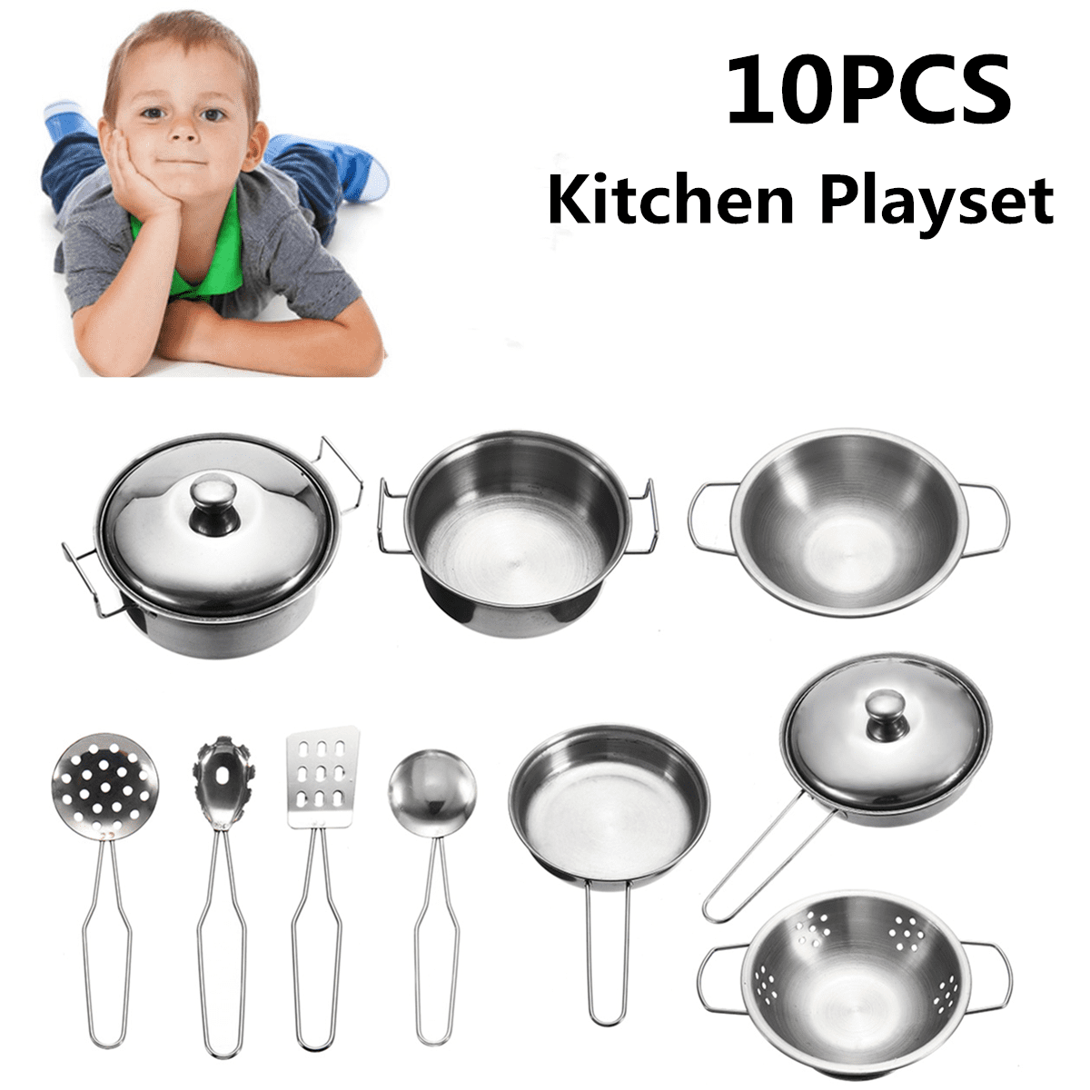 Children's Quality Coloured Toy Stainless Steel Kitchen Set Pots Pans  and Acces 