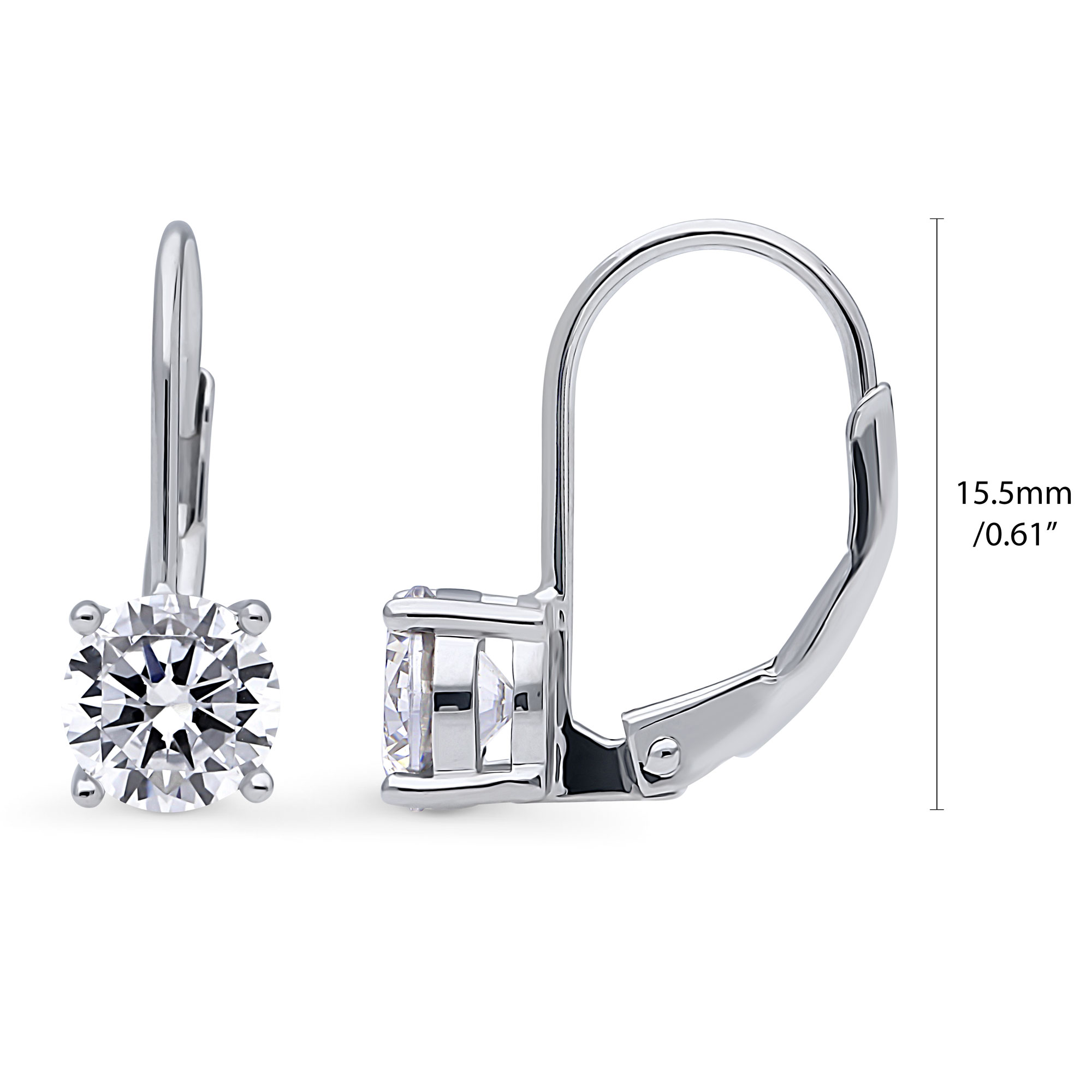 BERRICLE Sterling Silver Solitaire Round Cut Cubic Zirconia CZ Fashion Leverback Dangle Drop Earrings for Women, Rhodium Plated, 6mm