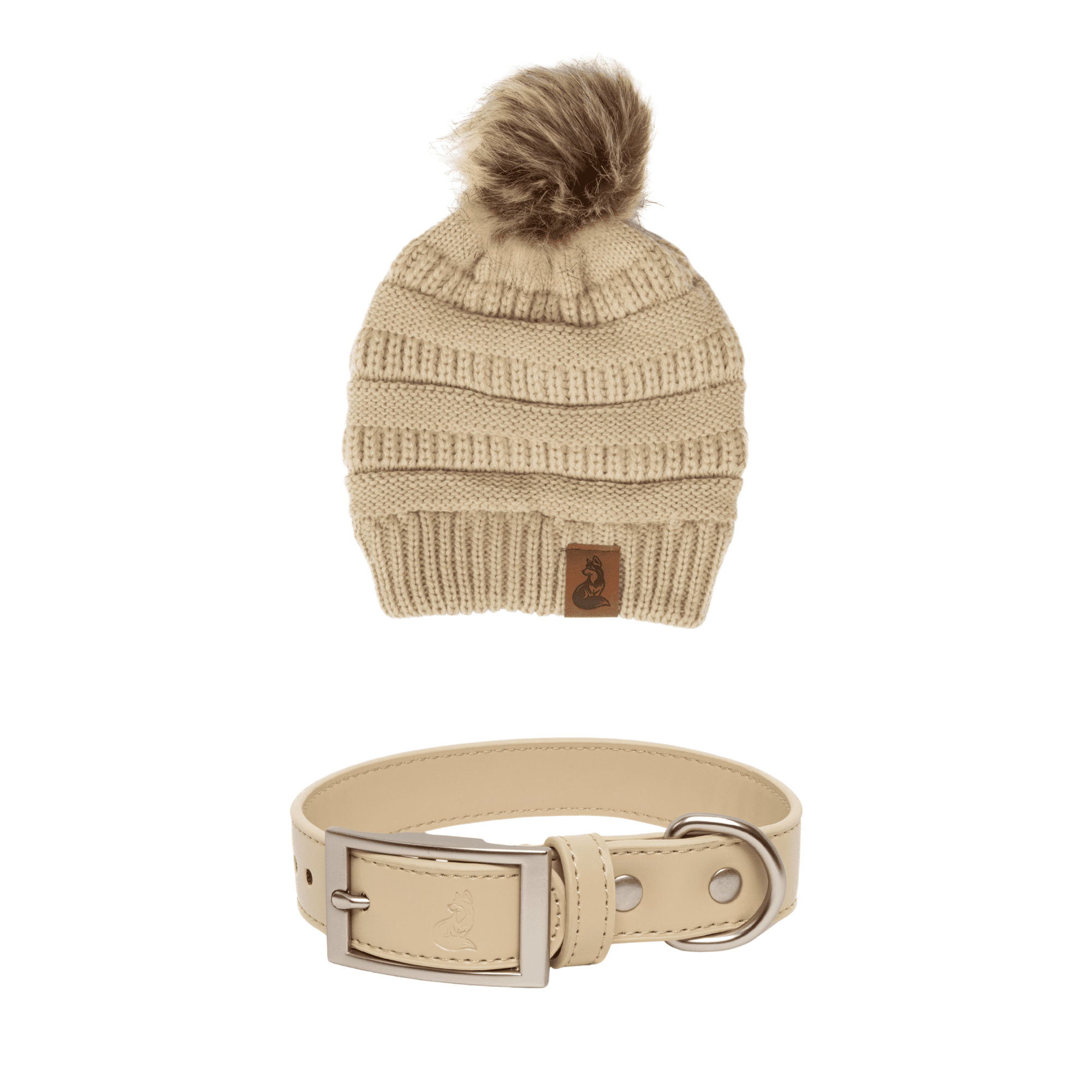 Beige Knit Hat with Pom and Vegan Leather Dog Collar Matching Set