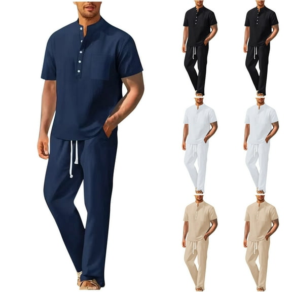 RYDCOT Men's Linen Suit 2 Piece Set Beach Casual Short Sleeve Half Button Henley Shirts Loose Long Pants Summer Vacation Outfits White
