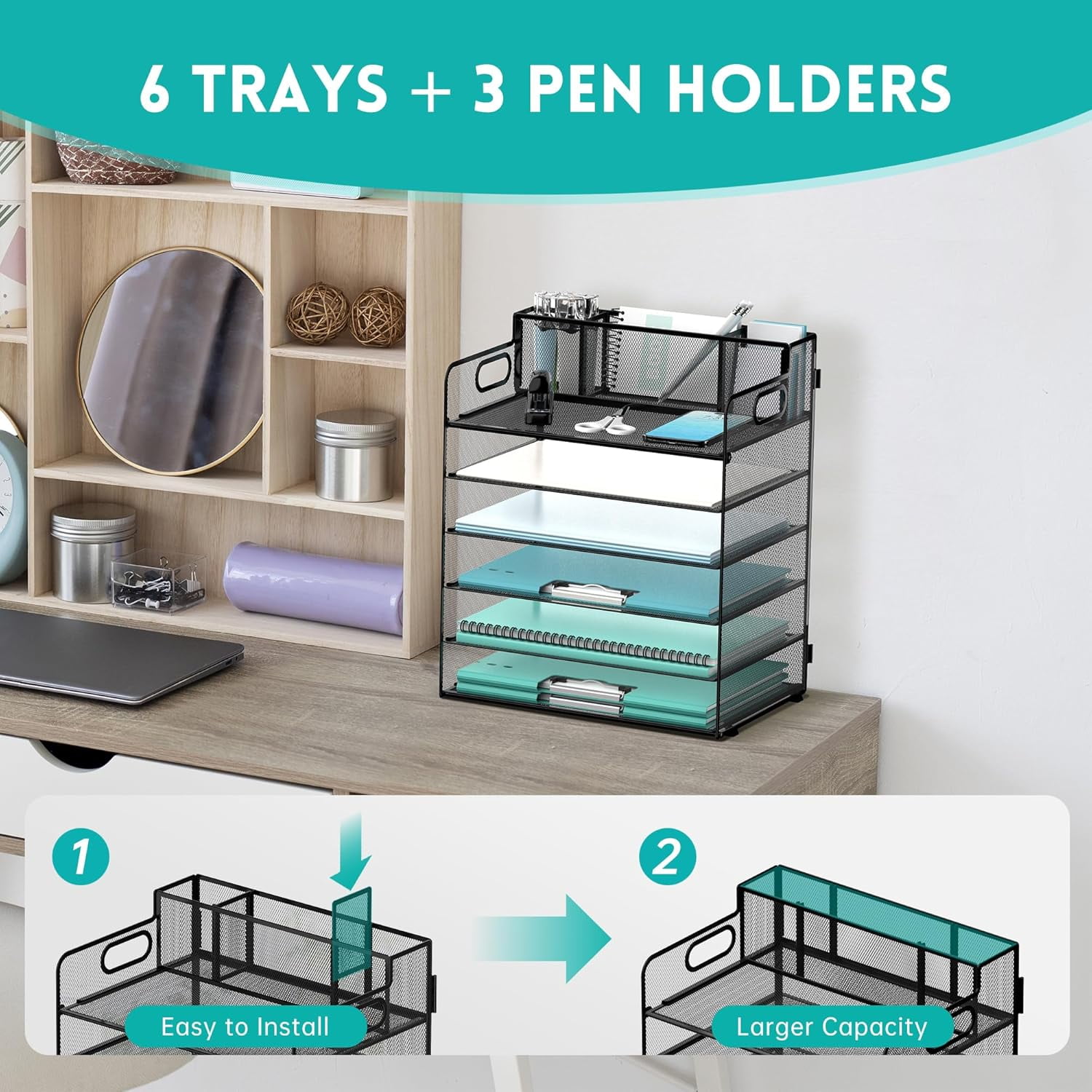 INTIGE 6-Tier Metal Desk Organizer, File Organizer with 3 Pen Holders and Handle, Black,1 Pcs