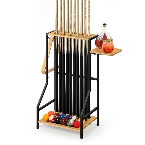 Billiard Cue Rack with Side Table, Pool Stick Holder Organizer for 8 Cues, Balls, and Accessories