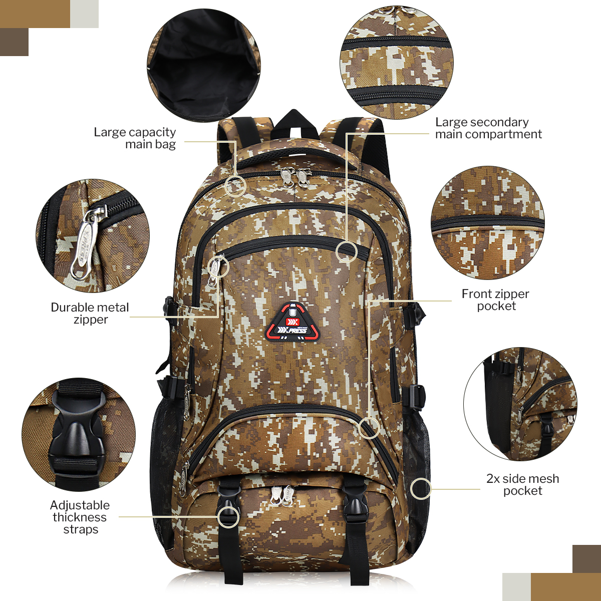 New York Xpress Camo Backpack for Adults 40L Multi-Pocket Backpack for Travel Work Hiking, Deep Khaki - BP8023