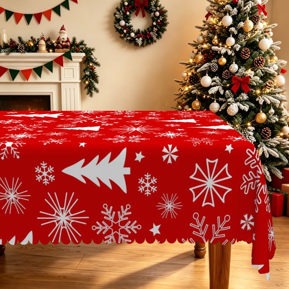 Duangreer Retro Red Christmas Rectangle Tablecloth, White Xmas Tree Snowflake Print Holiday Party Table Cover with Waterproof Wrinkle Resistant, 60 x 70 Inch