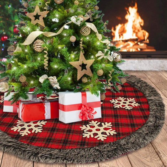 Bueautybox Christmas Tree Skirt, 48 Inch Large Buffalo Plaid Christmas Tree Skirt, Rustic Burlap Xmas Tree Skirt with Thick Faux Fur Snowflake
