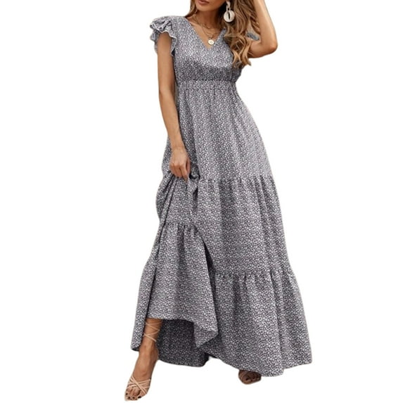 SAYOO Women's Summer Long Beachwear Dress Ruffle Short Sleeve V Neck Maxi Swing DressBoho Floral Tiered A-line Dress