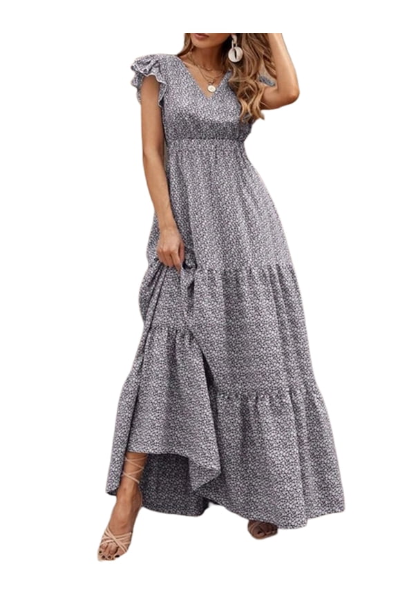 Women's Summer Long Beachwear Dress Ruffle Short Sleeve V Neck Maxi Swing DressBoho Floral Tiered A-line Dress