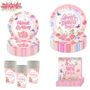 Mothers Day Decorations 96PCS Mother's Day Party Supplies Disposable Tableware Paper Plates and Cups and Napkins Set Pink Party Plates Mom Birthday Happy Mothers Day Decorations for Brunch(Serve 24)