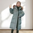 thumbnail image 4 of Winter Women Cotton Jacket with Furry Hood Long Sleeves Pockets Heat Retention Knee Length Zip-up Padded Coat Solid Color Windproof Outwear Parka, 4 of 8