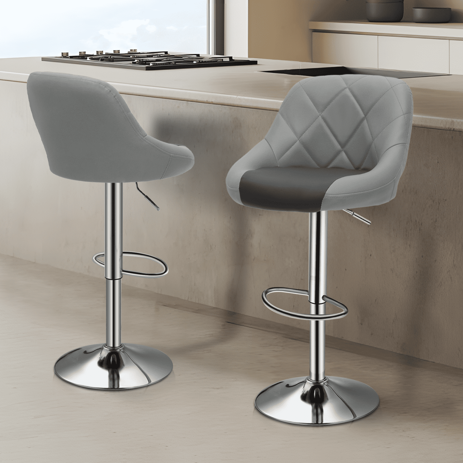Magshion Swivel Bar Stools Set of 4 Adjustable Bar Chairs with Backrest Faux Leather Kitchen Counter Height Barstools Dining Chairs, Grey/Black