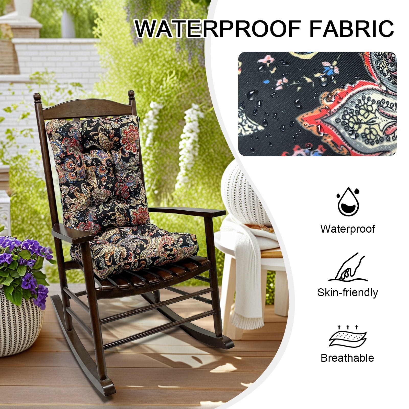 KALAKALA Outdoor Rocking Chair Cushions Pack of 2 Patio Chair Cushion Pad Sets Patio High Back Chair Seat Cushions with Ties for Garden Patio Furniture, Green Leaves